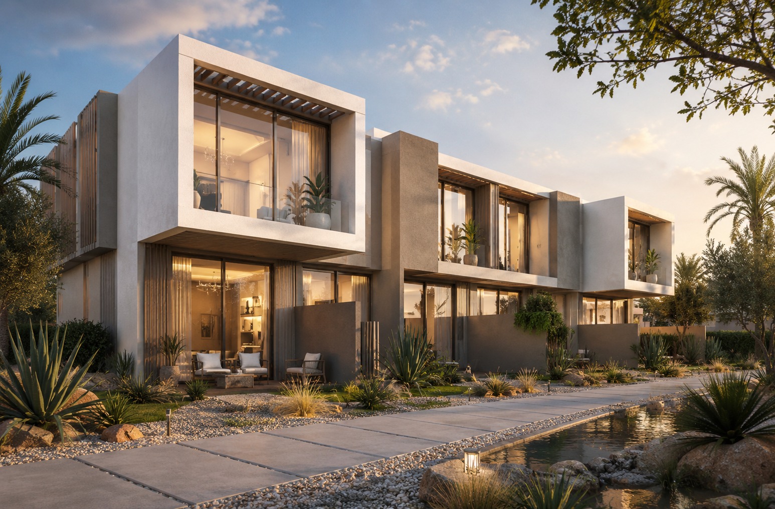 Modern villa row with courtyard landscaping