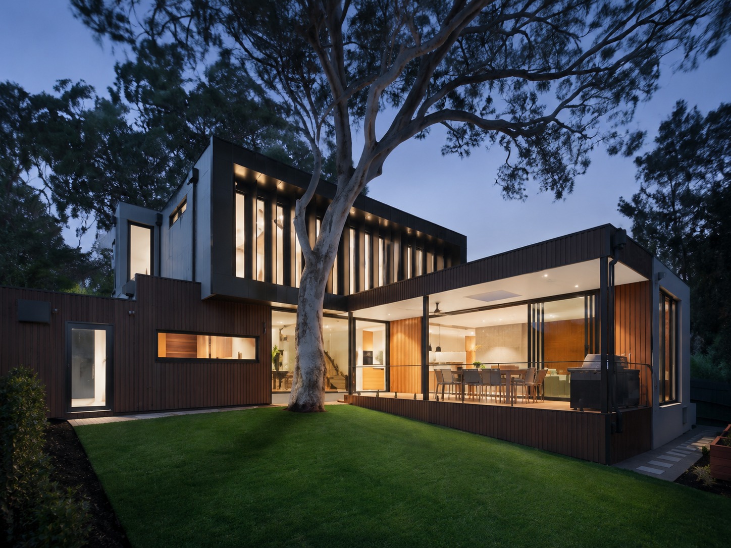 Modern villa exterior at dusk