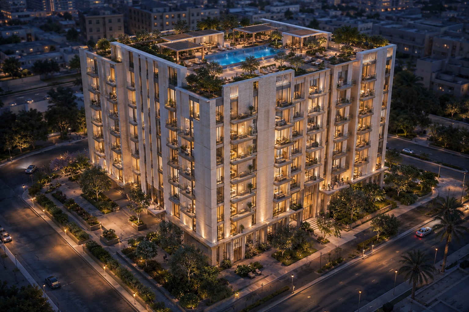 Aryam Oasis — night aerial view with rooftop pool