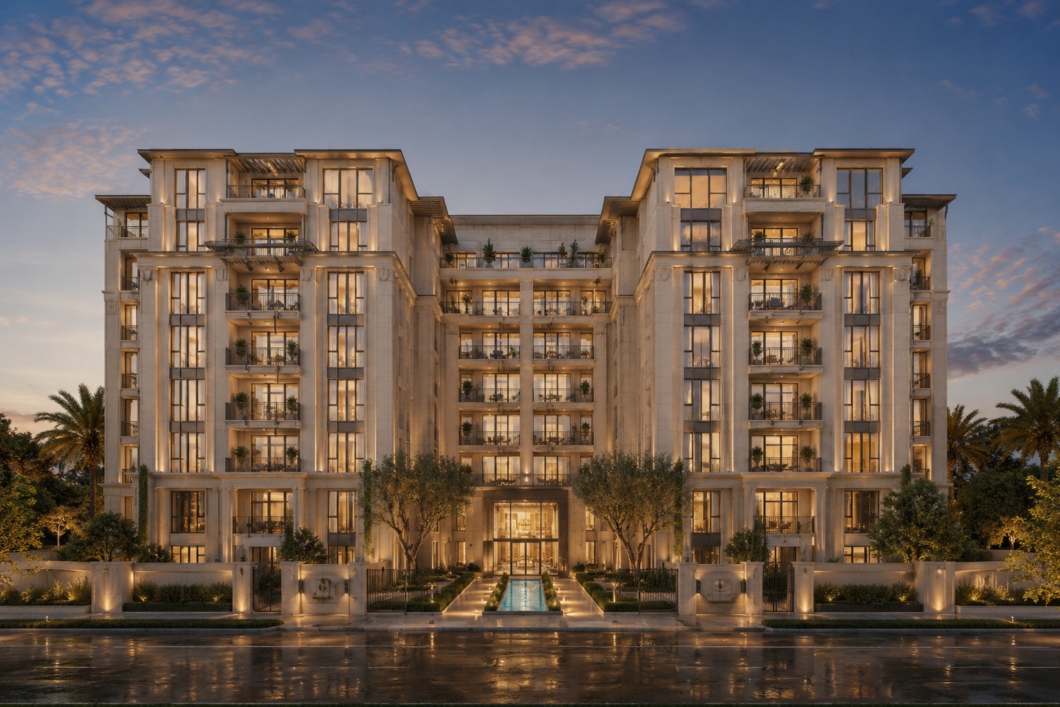 Aryam Oasis — main entrance facade at dusk